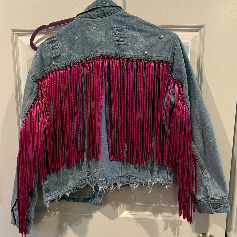 Denim Jacket with Pink Fringe